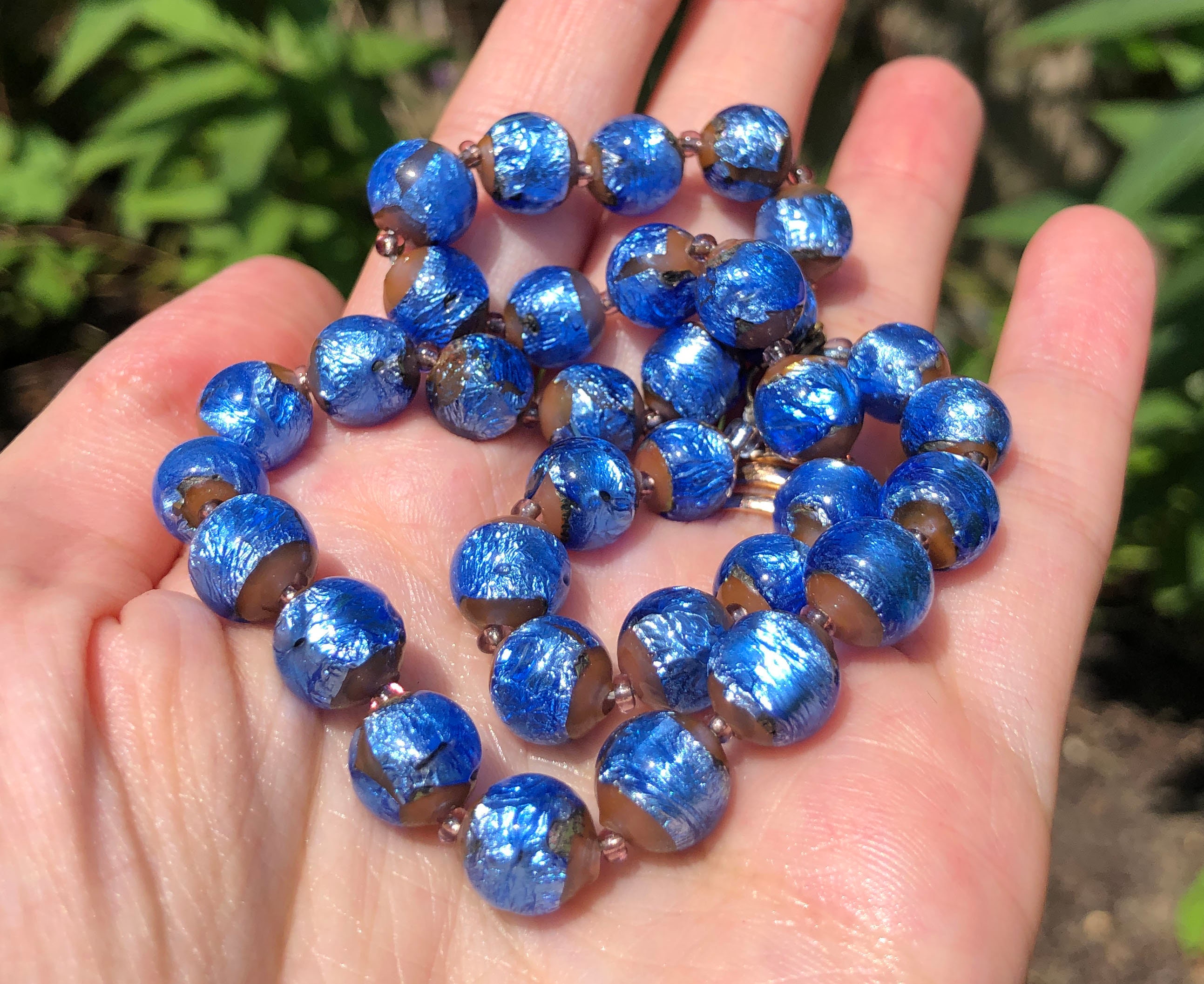 Antique Blue Foil Saphiret (?) Bohemian Glass Bead Necklace