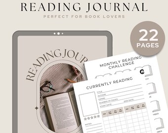 May include: A digital printable reading journal with a beige background and a brown circle with the text "Reading Journal" in white. The journal includes a monthly reading challenge, a section for currently reading books, and a section for notes. The journal has 22 pages.