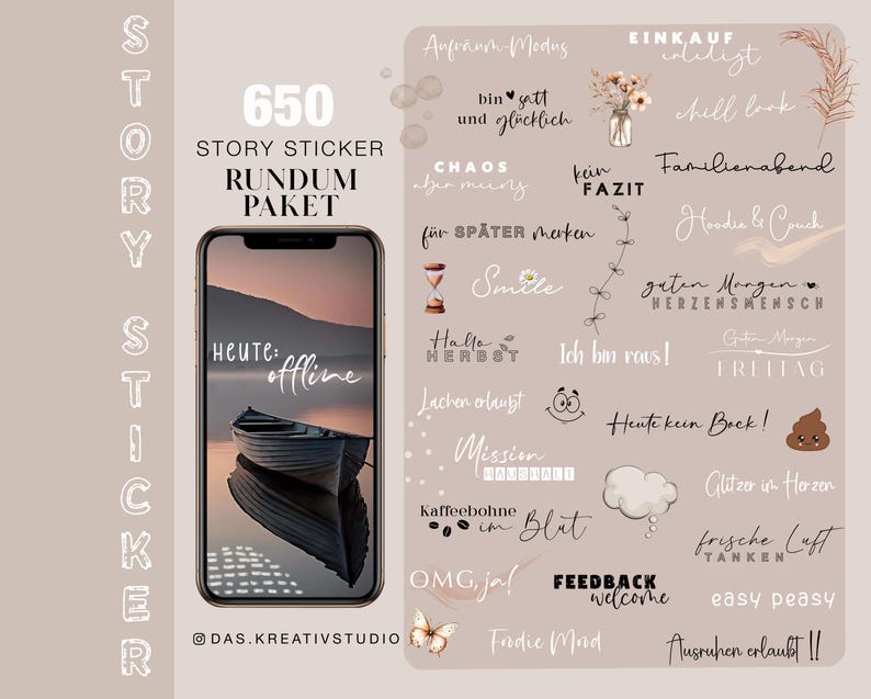 May include: A digital product package featuring 650 story stickers. The image includes a smartphone displaying a boat scene, surrounded by various text stickers in white, with phrases like "Smile" and "Easy Peasy" on a beige background.