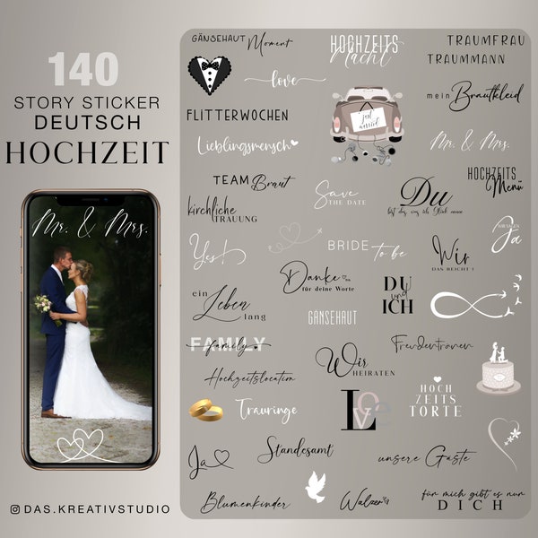 140+ Instagram Story Sticker Hochzeit Liebe Trauung Standesamt Brautkleid deutsch Storysticker Rahmen Boho Clipart digital png