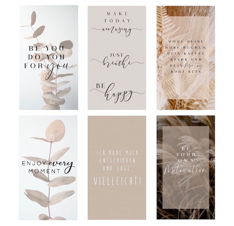 May include: Six printable cards with inspirational quotes and a neutral background. The quotes are: "Be you do you for you", "Make today amazing", "Just breathe", "Be happy", "Enjoy every moment", "I have decided and say maybe".