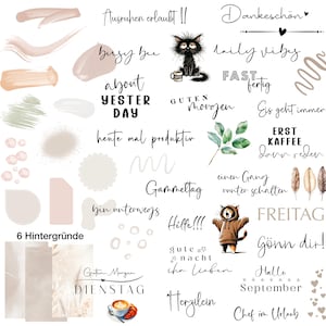 May include: A collection of digital art elements, including brushstrokes, watercolor leaves, and a cartoon cat. Text elements include phrases like "Good Morning" and "Hello September," along with other German phrases. The design features a neutral color palette.