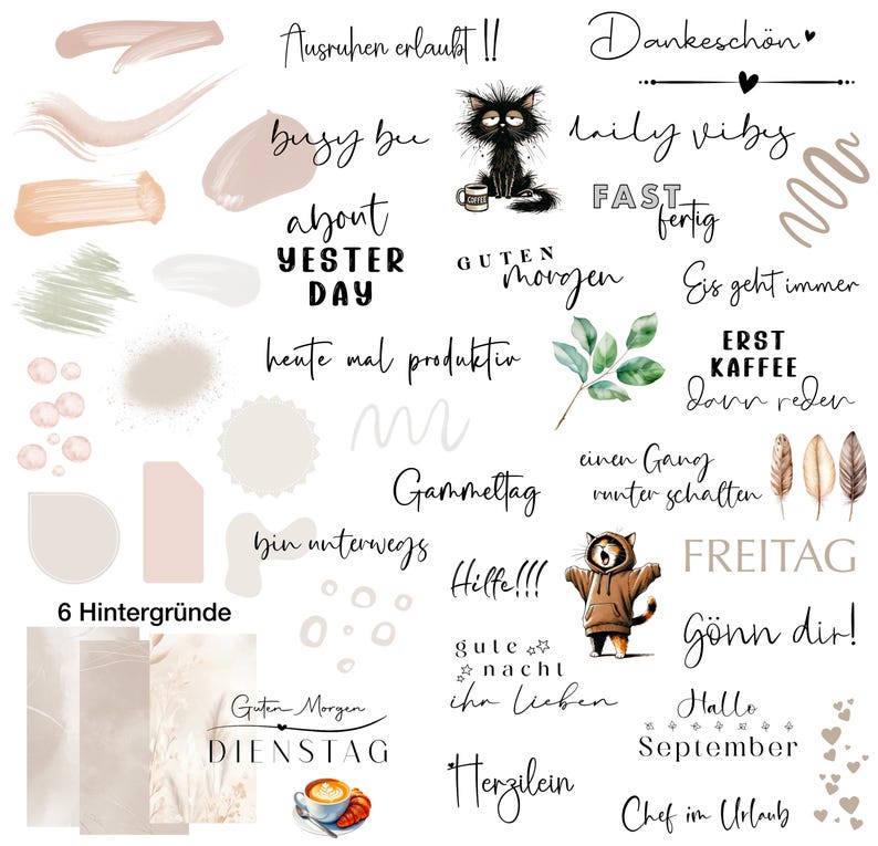 May include: A collection of digital art elements, including brushstrokes, watercolor leaves, and a cartoon cat. Text elements include phrases like "Good Morning" and "Hello September," along with other German phrases. The design features a neutral color palette.