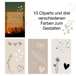 May include: A set of 10 digital clipart images featuring a variety of designs, including hearts, stars, butterflies, dandelions, and a sunset scene. The text "Believe in yourself" is featured in the sunset scene. The clipart images are in black, white, and gray.