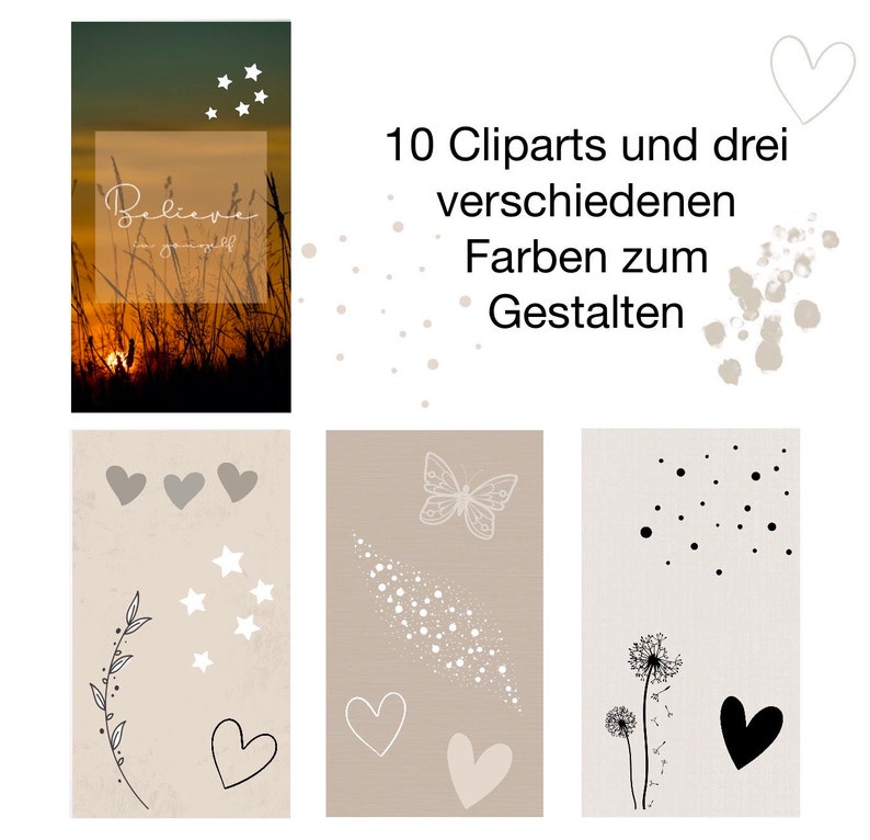 May include: A set of 10 digital clipart images featuring a variety of designs, including hearts, stars, butterflies, dandelions, and a sunset scene. The text "Believe in yourself" is featured in the sunset scene. The clipart images are in black, white, and gray.
