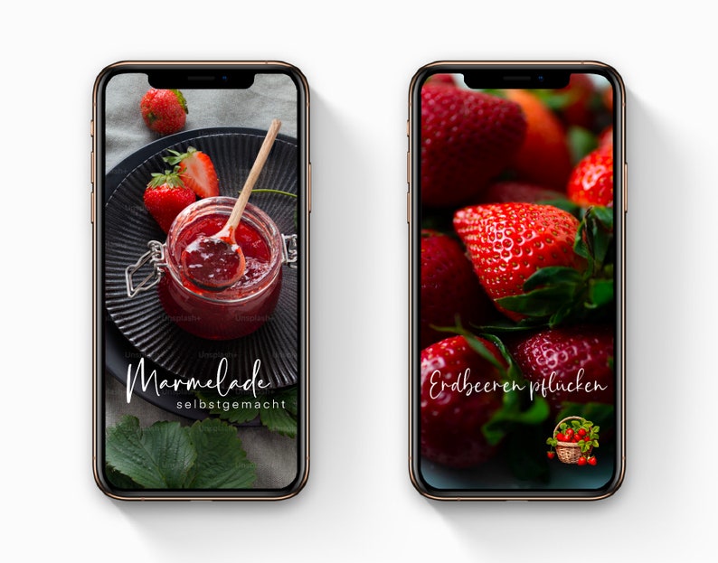 May include: Two phone screens showing images of strawberries. The left screen shows a jar of homemade strawberry jam with a spoon in it. The text on the screen reads "Marmelade selbstgemacht". The right screen shows a close-up of fresh strawberries with the text "Erdbeeren pfl&uuml;cken".