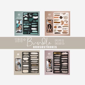 May include: A selection of digital brushstroke sets in shades of teal, brown, and neutral colours. Each set is labelled with "40 PNG BRUSH STROKES". The image also features the text "160+ Bundle XXL BRUSHSTROKES".