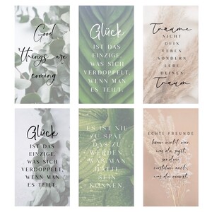 May include: Six inspirational quotes on a set of printable cards. The quotes are about happiness, dreams, and friendship. The cards feature a variety of backgrounds, including green leaves and beige with dried grass.