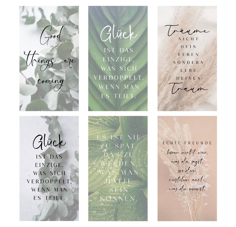 May include: Six inspirational quotes on a set of printable cards. The quotes are about happiness, dreams, and friendship. The cards feature a variety of backgrounds, including green leaves and beige with dried grass.