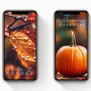 May include: Two smartphone screens displaying autumn-themed images. One shows a close-up of a wet, orange leaf with the text "Hallo Herbst". The other features a vibrant orange pumpkin with the text "Willkommen November".
