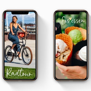 May include: Two smartphone screens showing different images. The left screen shows a woman riding a bicycle with the text "Radtour" on the bottom. The right screen shows a hand holding three ice cream cones with the text "Eis essen" on the top.