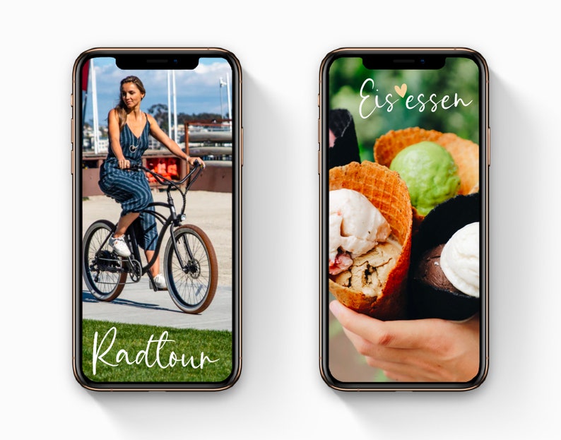May include: Two smartphone screens showing different images. The left screen shows a woman riding a bicycle with the text "Radtour" on the bottom. The right screen shows a hand holding three ice cream cones with the text "Eis essen" on the top.