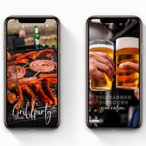 May include: Two images of a phone screen. The first image shows a grill with sausages and ribs cooking on it. The text "Grill Party" is written in white cursive on the bottom of the screen. The second image shows two hands holding glasses of beer and toasting. The text "FEIERABEND BIERCHEN genie&szlig;en" is written in white on the bottom of the screen.