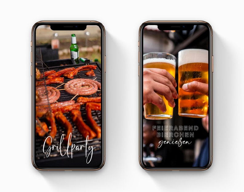 May include: Two images of a phone screen. The first image shows a grill with sausages and ribs cooking on it. The text "Grill Party" is written in white cursive on the bottom of the screen. The second image shows two hands holding glasses of beer and toasting. The text "FEIERABEND BIERCHEN genie&szlig;en" is written in white on the bottom of the screen.