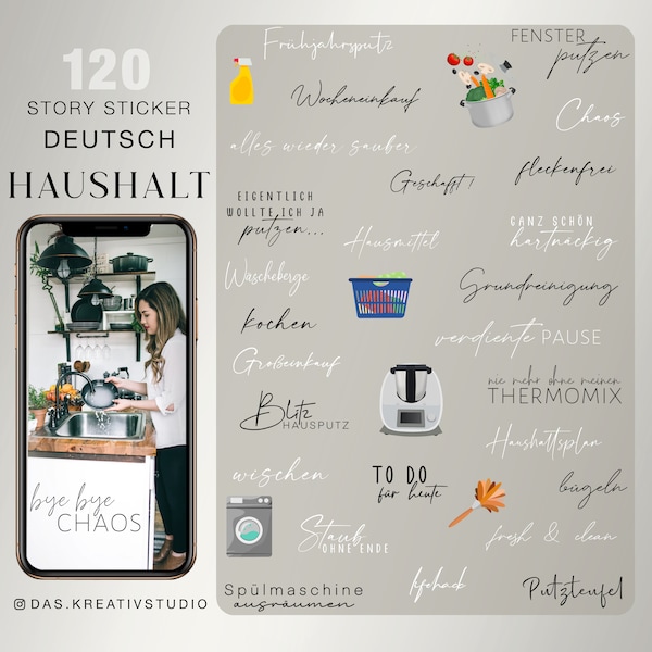 120+ Instagram Story Sticker Haushalt kochen Basic einkaufen putzen Alltag Clipart digital png