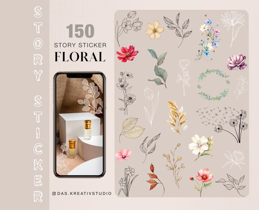 150+ Instagram Story Stickers Floral Flowers Leaves Frame Botanical ...