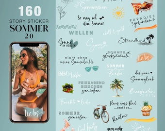 Oltre 160 adesivi per storie di Instagram Estate 2 Vacanze in spiaggia Ciclismo Adesivi per storysticker tedeschi di base png digitale