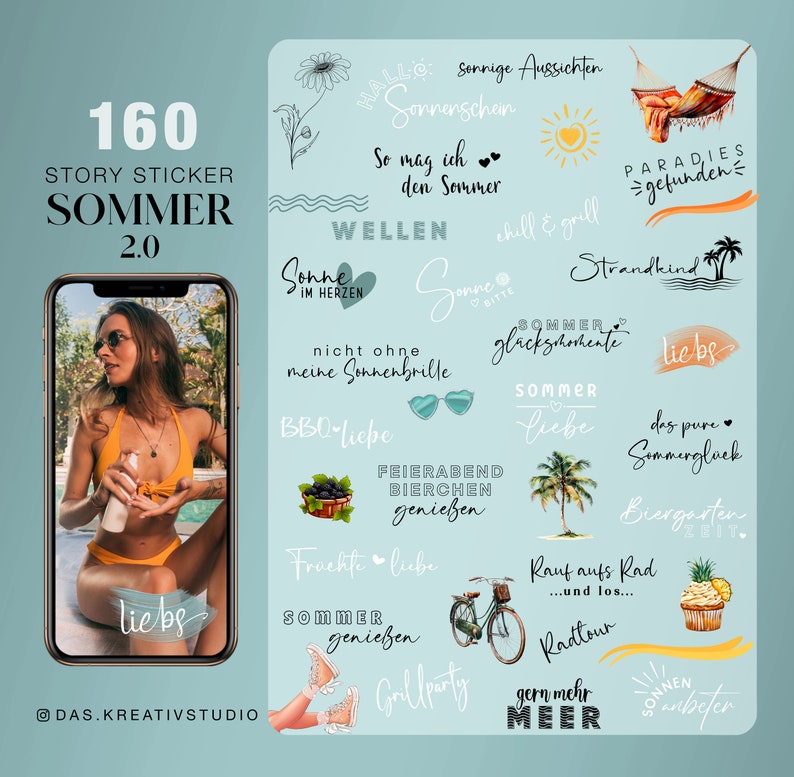 160 Instagram Story Sticker Sommer 2 Urlaub Strand Radfahren Basic deutsch Storysticker Stickers digital png Bild 1