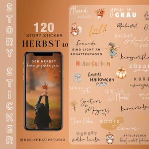 以下が含まれることがあります： 秋をテーマにしたグラフィックとテキストを含む、ソーシャルメディア用のデジタルステッカーセット。秋のシーンを表示するスマートフォンと、オレンジ、茶色、白の色合いのさまざまな秋に関連する単語とイラストが含まれています。