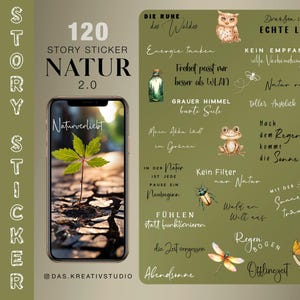 May include: A digital product display featuring 120 nature-themed story stickers. The design includes a smartphone displaying a nature photo, along with illustrations of an owl, frog, and other nature elements. Text includes "Natur 2.0".