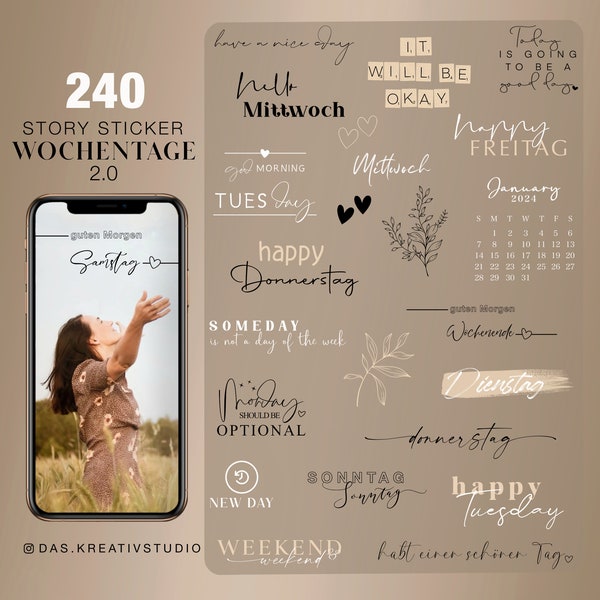 240+ Instagram Story Sticker Wochentage Kalender 2024 2025 Wochenende Basic Storysticker Stickers digital png