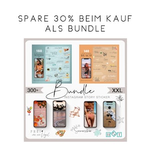 May include: A digital product bundle of 300+ Instagram story stickers with a summer theme. The bundle includes two sets of stickers, one with a beach theme and one with a summer theme. The stickers are colorful and feature various summer-related icons and text. The text on the image reads "Spare 30% beim Kauf als Bundle" and "300+ Bundle Instagram Story Sticker XXL".