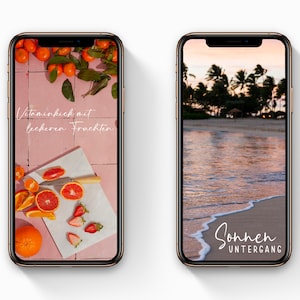 May include: Two iPhone mockups displaying different phone wallpapers. The left phone shows a pink tiled background with oranges, strawberries, and a cutting board with sliced oranges. The text "Vitamin kick with delicious fruits" is written in white on the pink background. The right phone shows a beach scene with palm trees and a sunset sky. The text "Sonnenuntergang" is written in white on the sand.