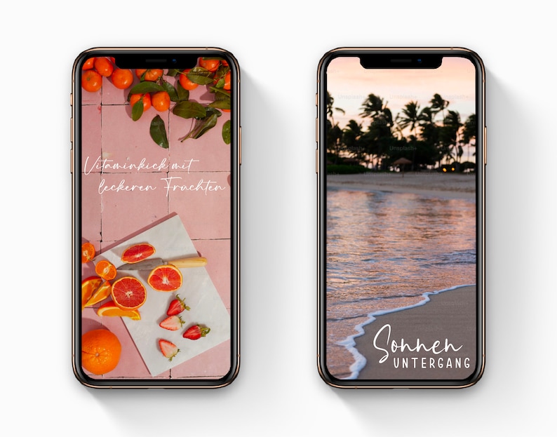 May include: Two iPhone mockups displaying different phone wallpapers. The left phone shows a pink tiled background with oranges, strawberries, and a cutting board with sliced oranges. The text "Vitamin kick with delicious fruits" is written in white on the pink background. The right phone shows a beach scene with palm trees and a sunset sky. The text "Sonnenuntergang" is written in white on the sand.