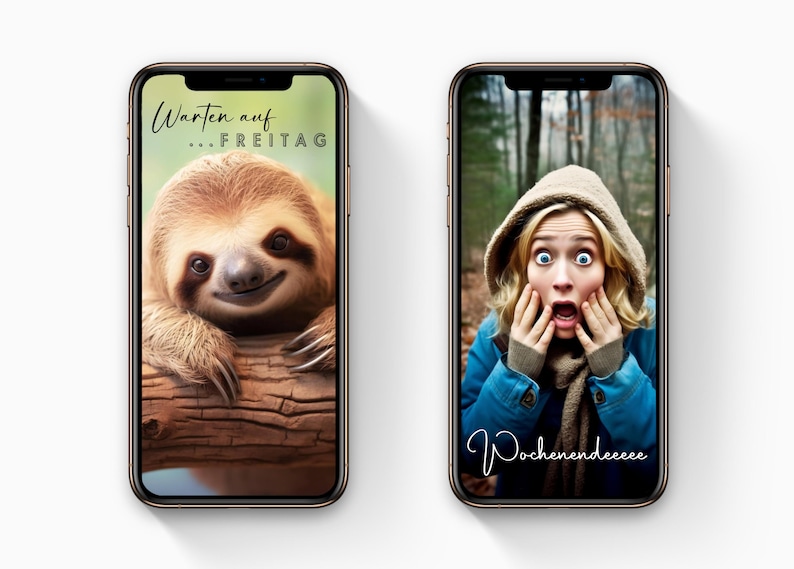 May include: Two smartphones displaying images. One shows a smiling sloth with the text "Warten auf...FREITAG". The other shows a surprised woman with the text "Wochenendeeee". Both phones have black borders and are set against a white background.