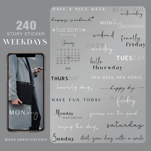240+ Instagram Story Sticker Weekdays calendar 2024 2025 Basic everyday week great day motivation Mix storysticker stickers days digital png
