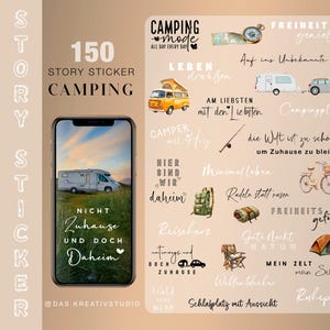 May include: A collection of 150 camping-themed story stickers. The stickers feature illustrations of a camper van, tent, bicycle, and other camping-related items. Text includes phrases like "Camping Mode" and "Not Home, But Still Home."