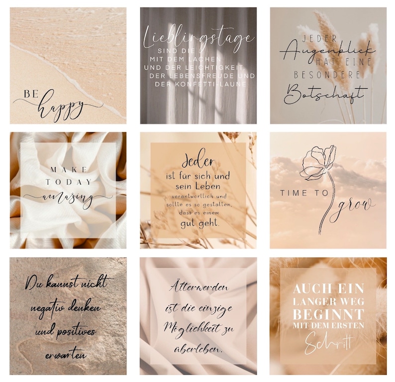 May include: Nine inspirational quotes in a collage of beige and brown tones. The quotes are about happiness, growth, and living a meaningful life. The text is in black and white.