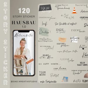 以下が含まれることがあります： 「Malerarbeiten」の文字とペンキローラーを持つ女性が表示された携帯電話の画面が特徴のデジタルグラフィック。 「Hausbau 1.0」や「Story Sticker」など、家の改修に関連するテキストステッカーが含まれています。