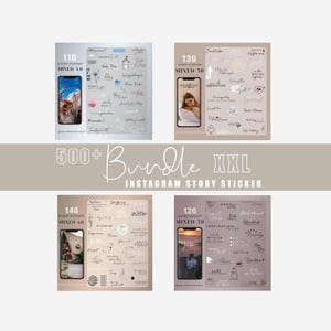 Puede incluir: Un paquete de pegatinas para historias de Instagram con varios diseños y texto. La imagen muestra cuatro hojas de pegatinas, cada una con un tema diferente y una maqueta de teléfono que muestra las pegatinas. También se ve el texto "500+ Bundle XXL Instagram Story Sticker".