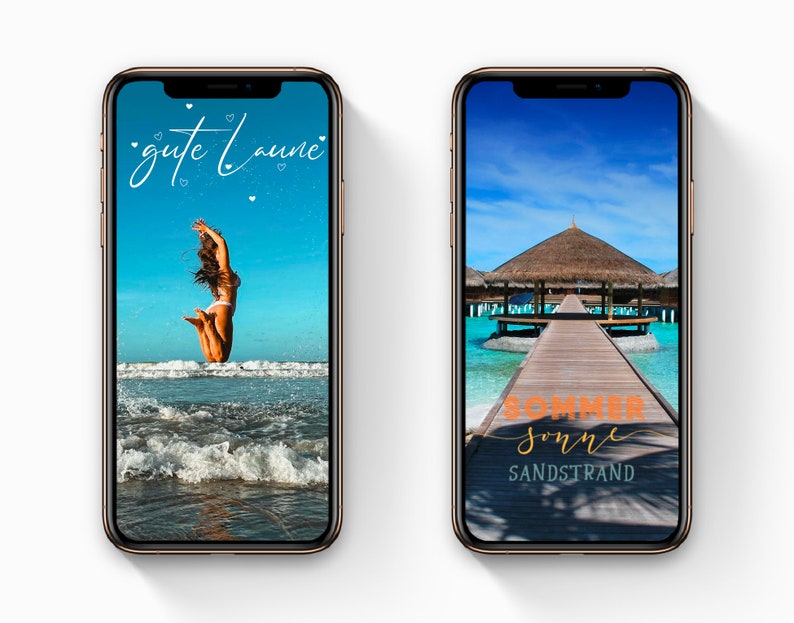 May include: Two phone screen mockups with summer themed images. The first image shows a woman jumping in the ocean with the text "gute laune" in white. The second image shows a wooden dock leading to a thatched roof hut over the water with the text "SOMMER sonne SANDSTRAND" in orange and white.