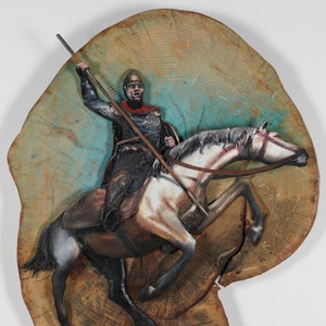 Ancient Warrior 3D Wall Art on Natural Wood Slice, Handmade Horseback Knight Relief Sculpture, Medieval Decor for Office or Man Cave