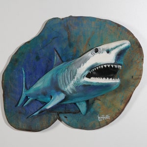 Handcrafted 3D Shark Wall Sculpture on Natural Wood Stump | Acrylic Oil Painted Ocean Predator Art | Bold Statement Coastal Wall Decor
