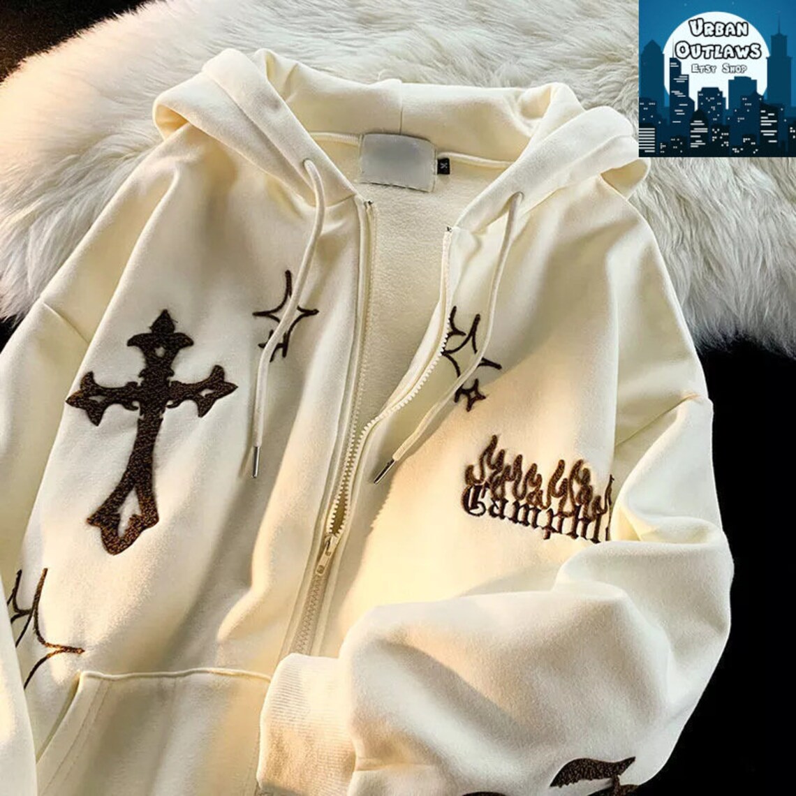 Y2K Embroidered Cross Hoodie Retro Flame Star Pullover Etsy