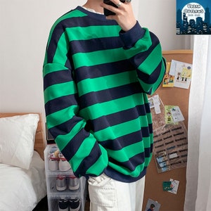 Harajuku Stripe Hooded Slim Contrast Color Long Sleeve Knit Top main image 0