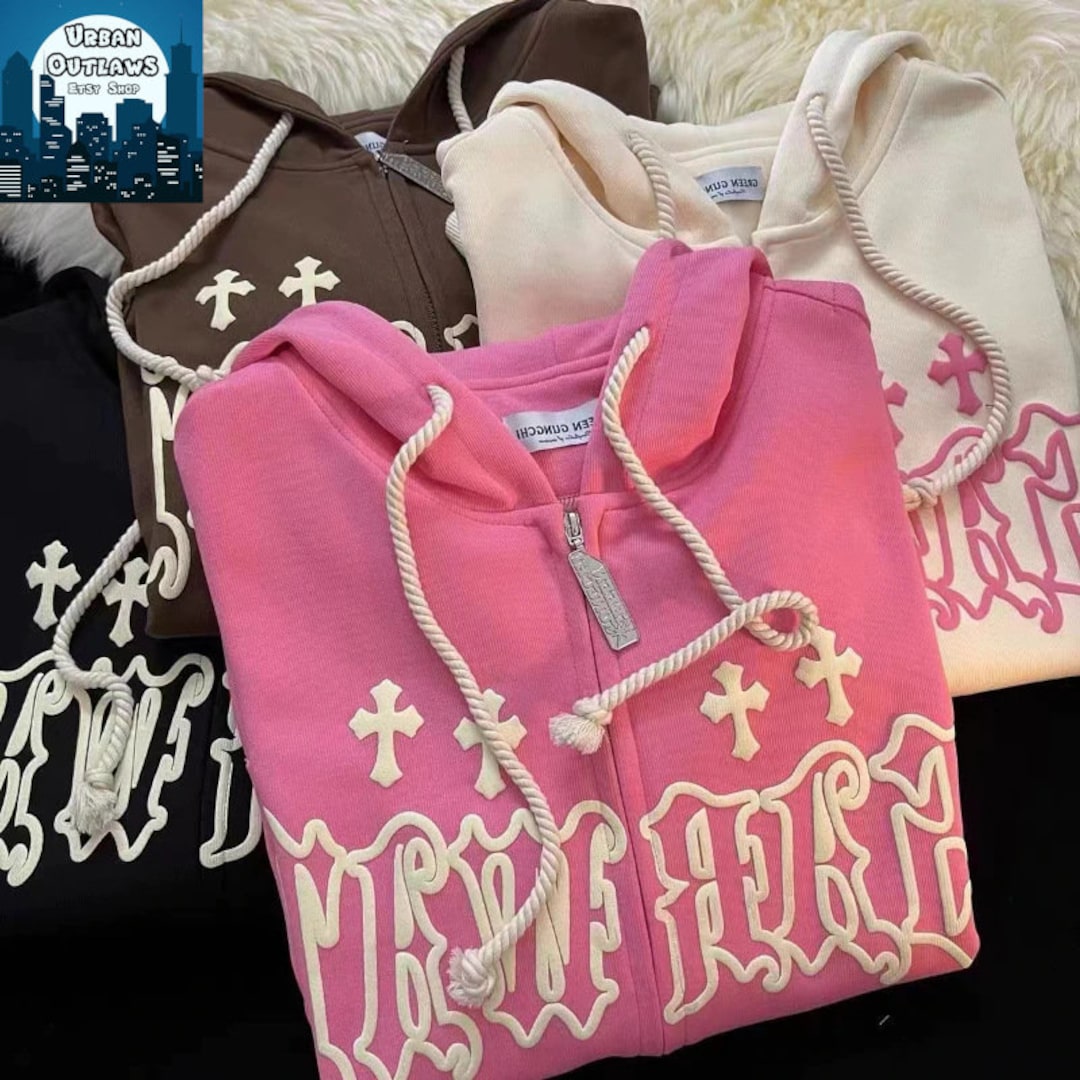 Y2K Zip Up Harajuku Hoodie, Hip Hop Cross Print Sweatshirt, Grunge 90s Retro Jacket, Casual Urban Style Hoodie