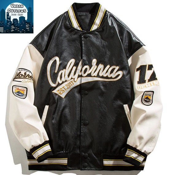 leather embroidered varsity