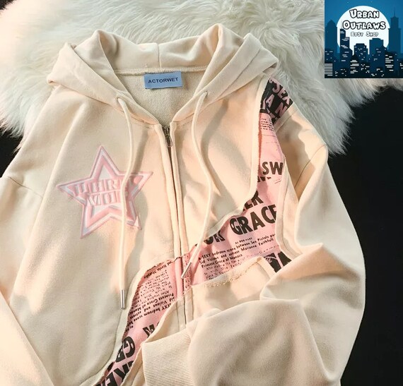 Y2K Print Star Zip Up Hoodie Patchwork Design Harajuku - Etsy Polska