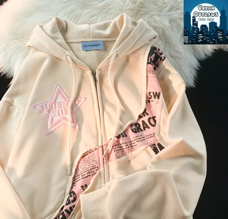 Y2K Print Star Zip up Hoodie Patchwork Design Harajuku Etsy