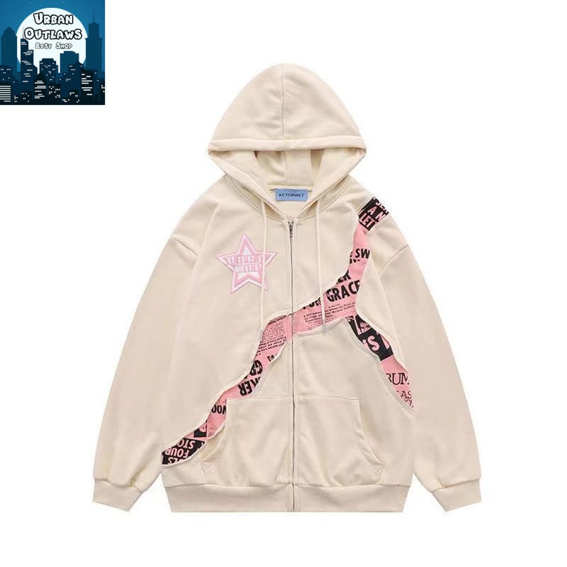 Y2K Print Star Zip up Hoodie Patchwork Design Harajuku Etsy