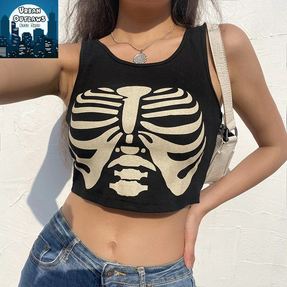 Women Gothic Short Sleeve Crop Tops Y2K T-shirts Graphic Print Tee Shirt  Summer Punk Clothes Skeleton Rib Cage T Shirts 