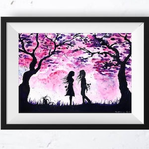Lesbian Painting Lgbt Artwork Romantic Wall Art Pink Purple Love Landscape Artwork Wedding Gift