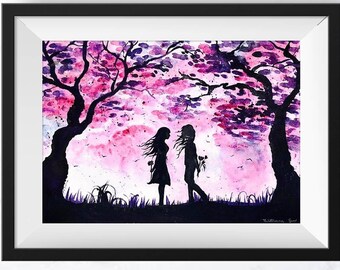 Lesbian Painting Lgbt Artwork Romantic Wall Art Pink Purple Love Landscape Artwork Wedding Gift