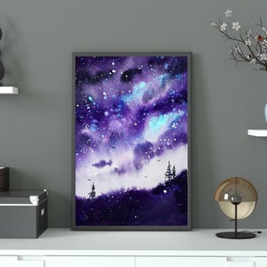 ORIGINAL PAINTING 14 x 22 inch Night Sky Landscape Artwork Clouds Watercolor Forest Living Room Wall Art Home Decor Wall Art Gift for Women