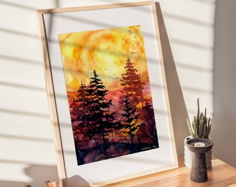 Original Art Sunrise Painting Landscape Forest Yellow Orange Sunny Artwork Living Room Wall Art Handmade home decor Mom gift 12 by 16 in