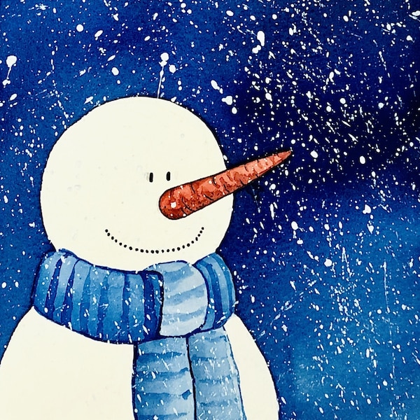 Snowman Painting Christmas Original Art Blue Snowing Winter Painting Wall Art 10 by 7 in